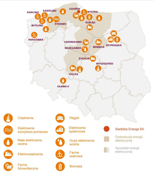Mapa jednostek wytwórczych należących do spółki Energa